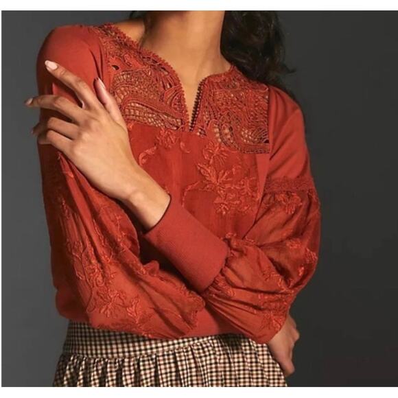 Anthropologie Tiny Noah Embroidered Orange Blouse Size XS Boho Lace Whimsigoth - Picture 1 of 6